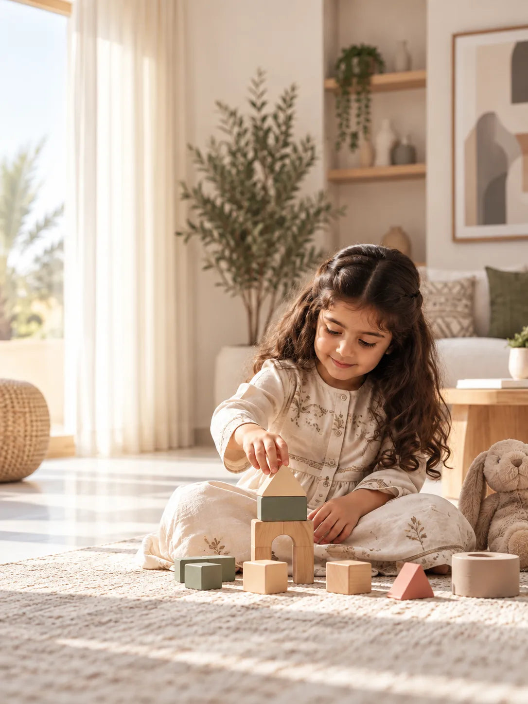 طفلة تستكشف وتلعب في مساحة منزلية هادئة